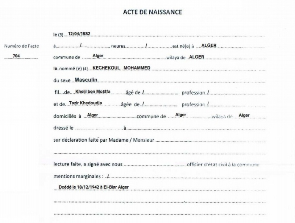 Acte de naissance Mohammed Kechekoul